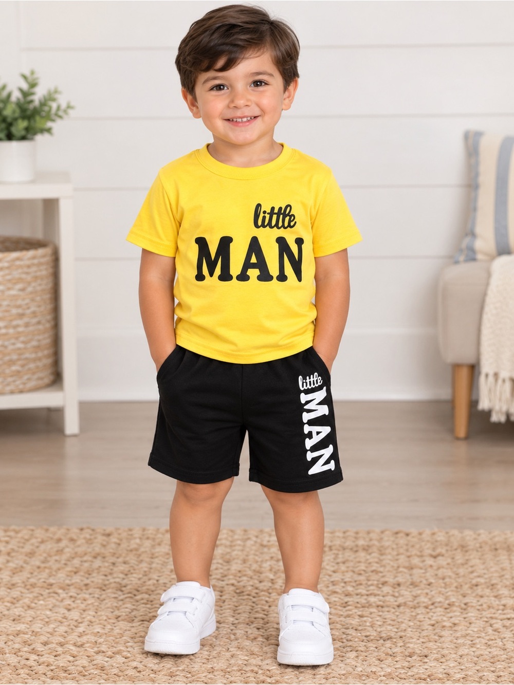 Little MAN Yellow & Black Kids Matching Set - Playful Tee and Shorts